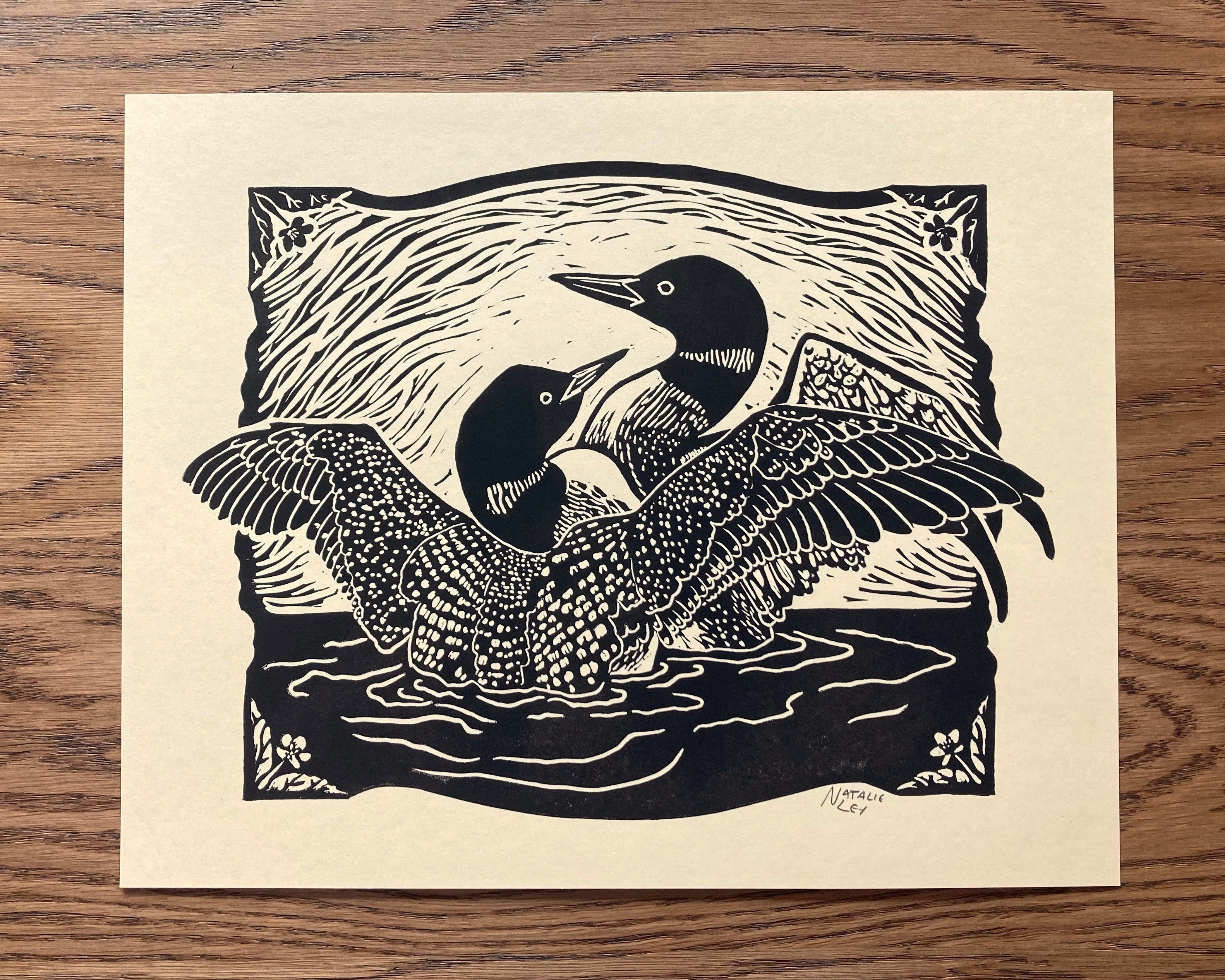 'Loons' lino print