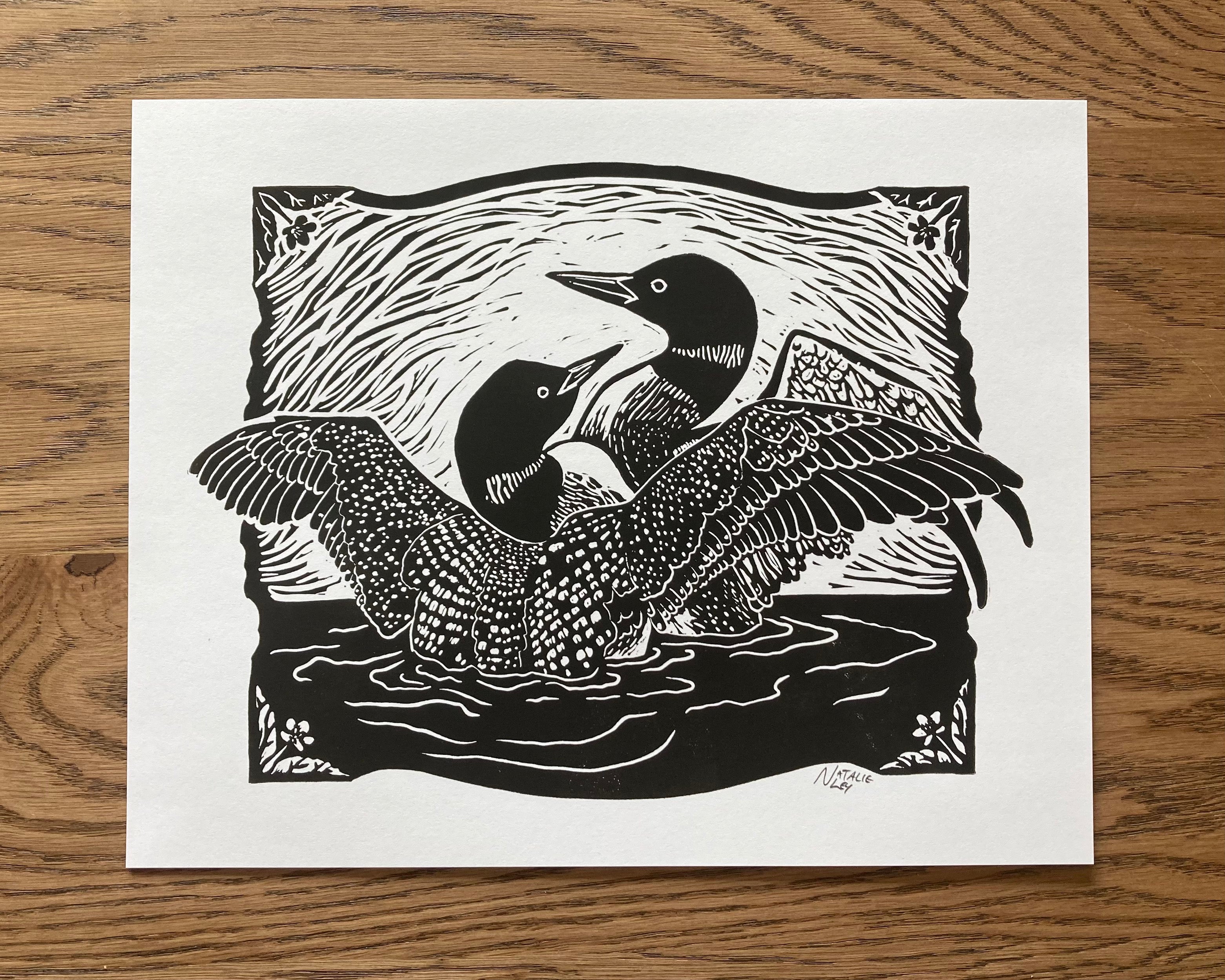 'Loons' lino print