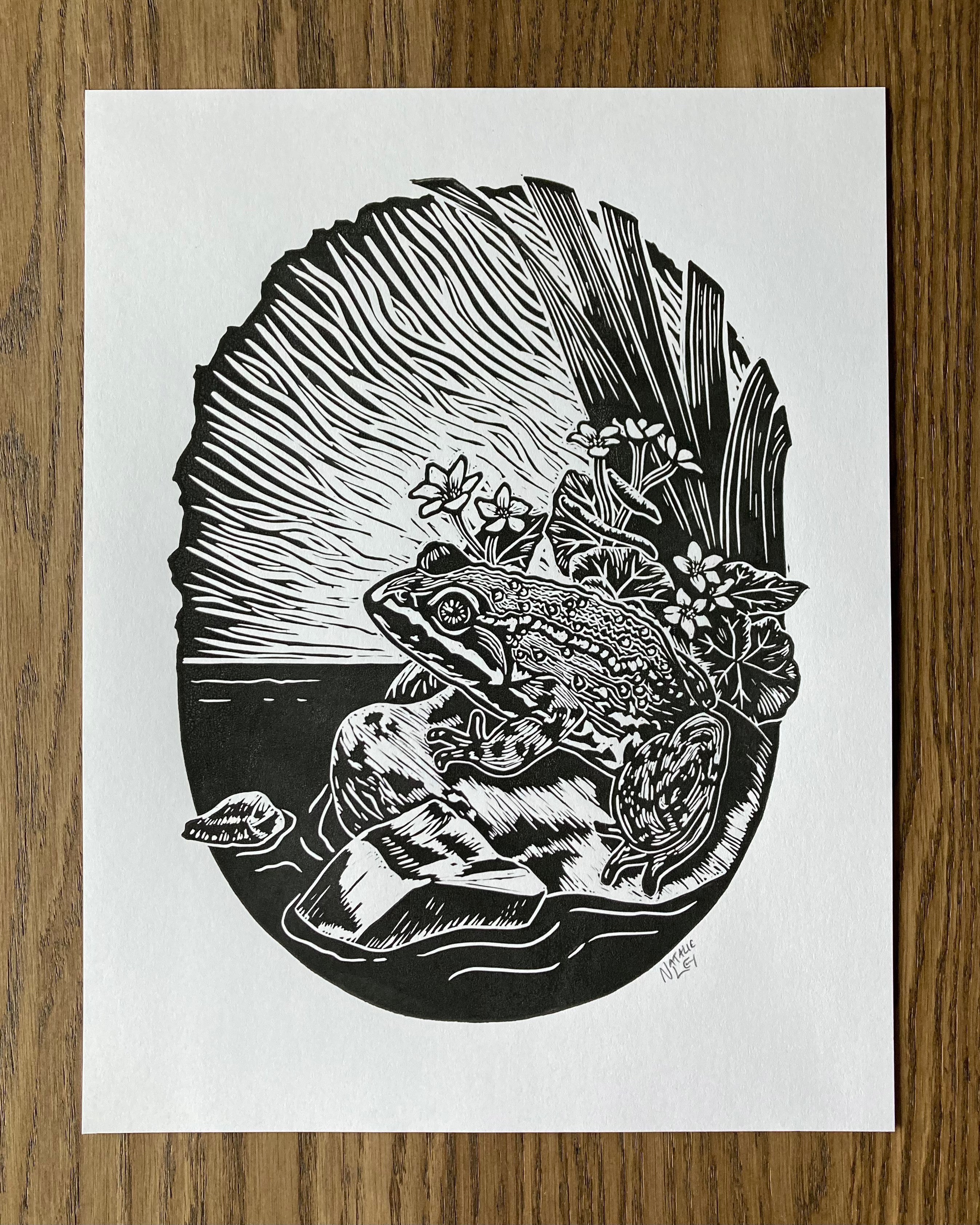 'Columbia Spotted Frog' lino print
