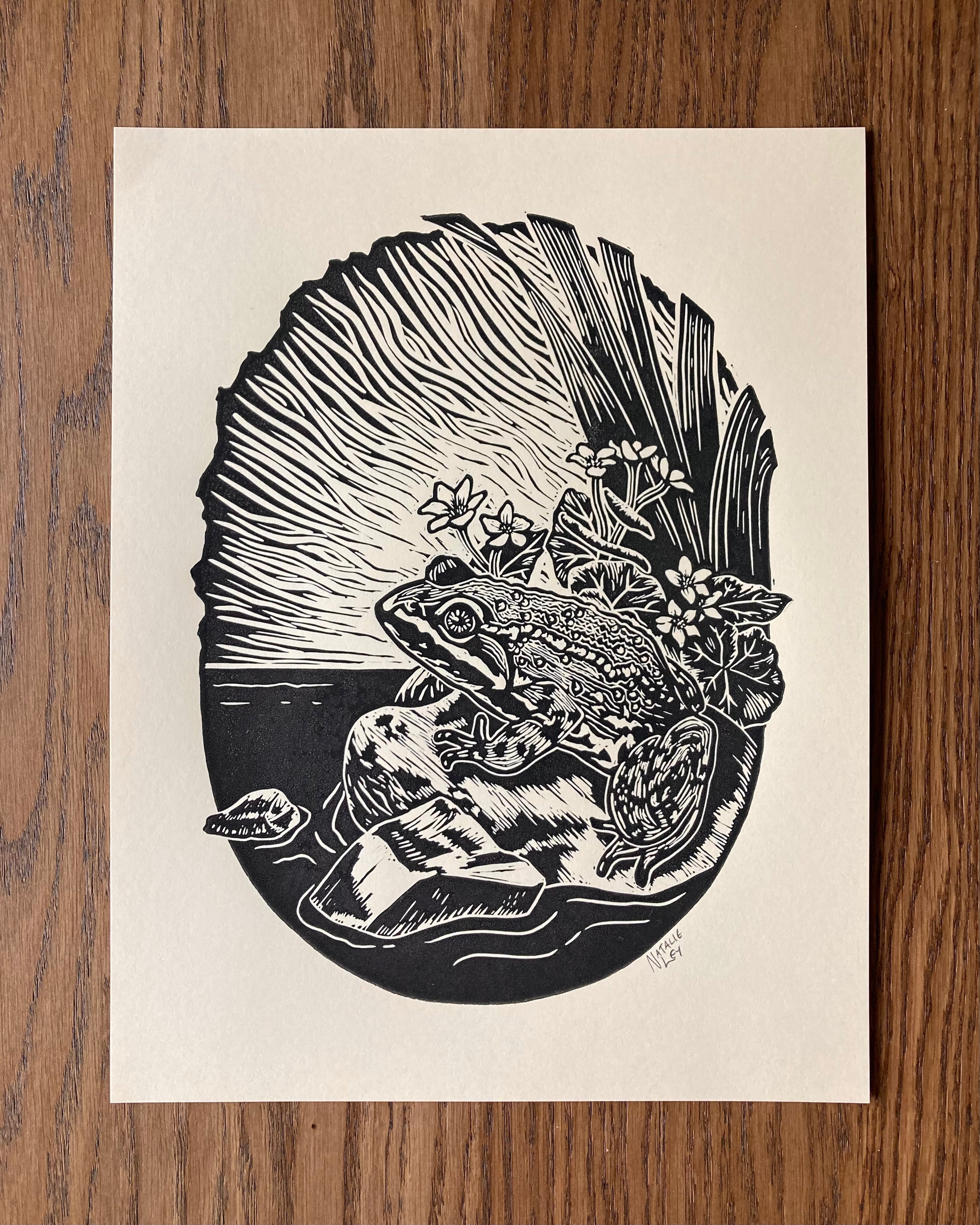 'Columbia Spotted Frog' lino print
