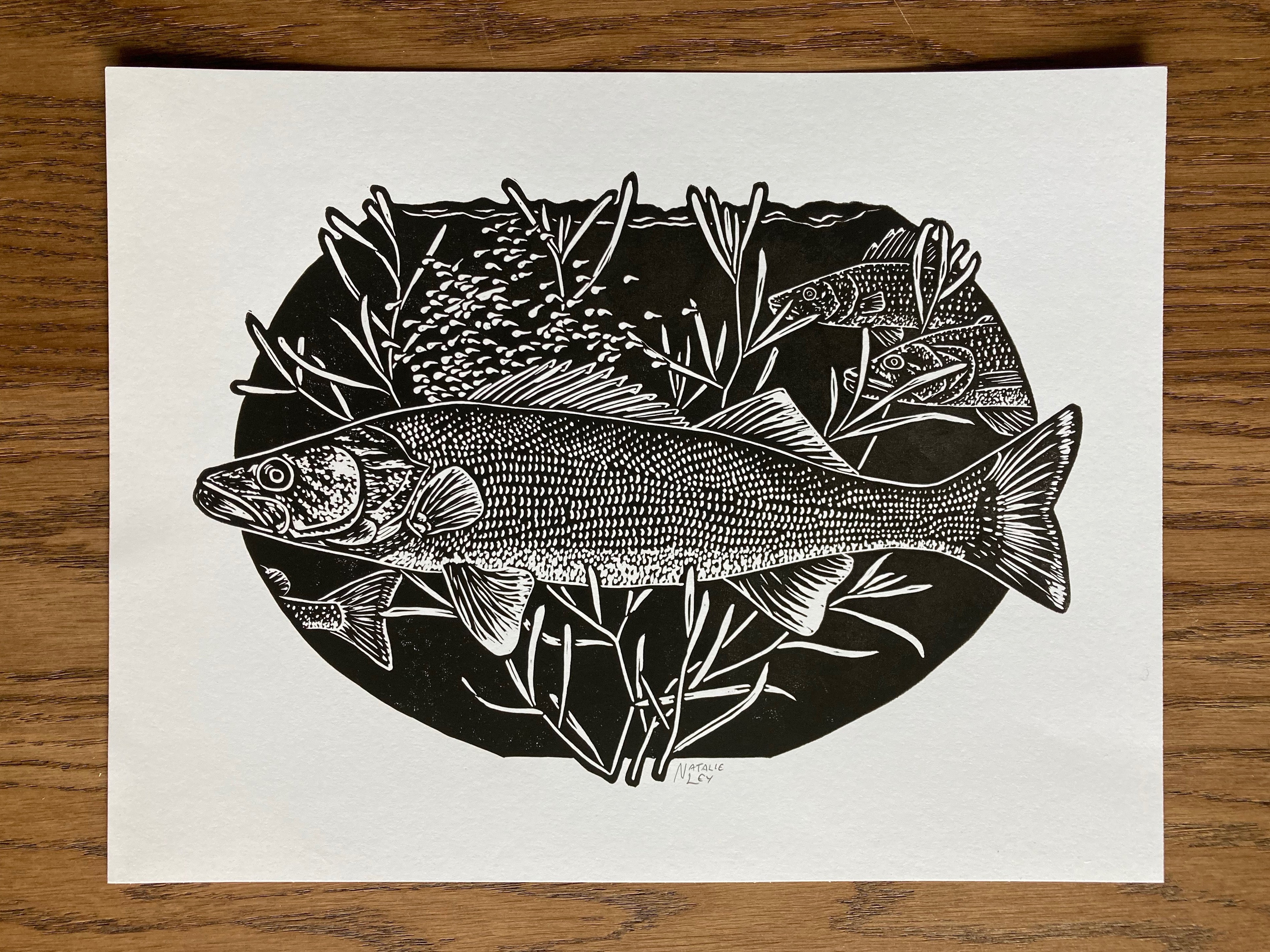 'Walleye' lino print