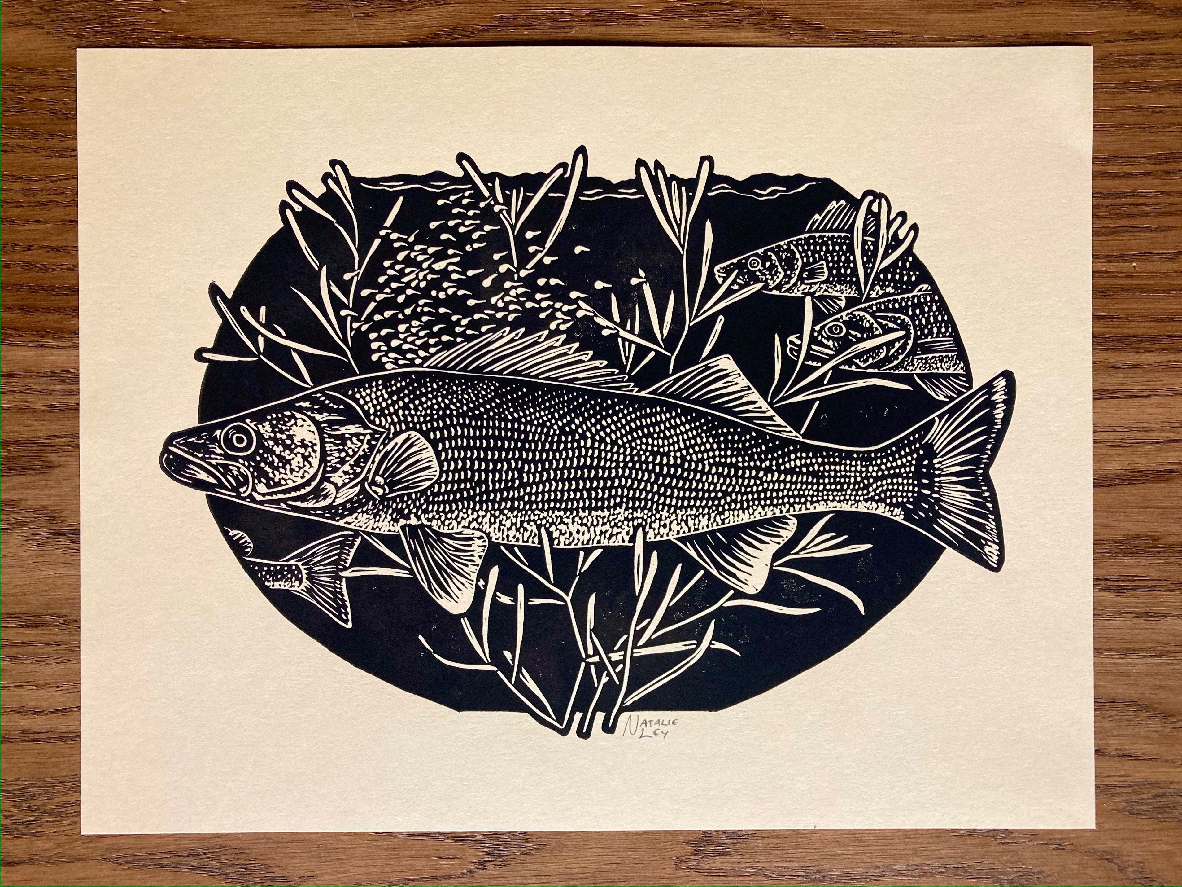 'Walleye' lino print