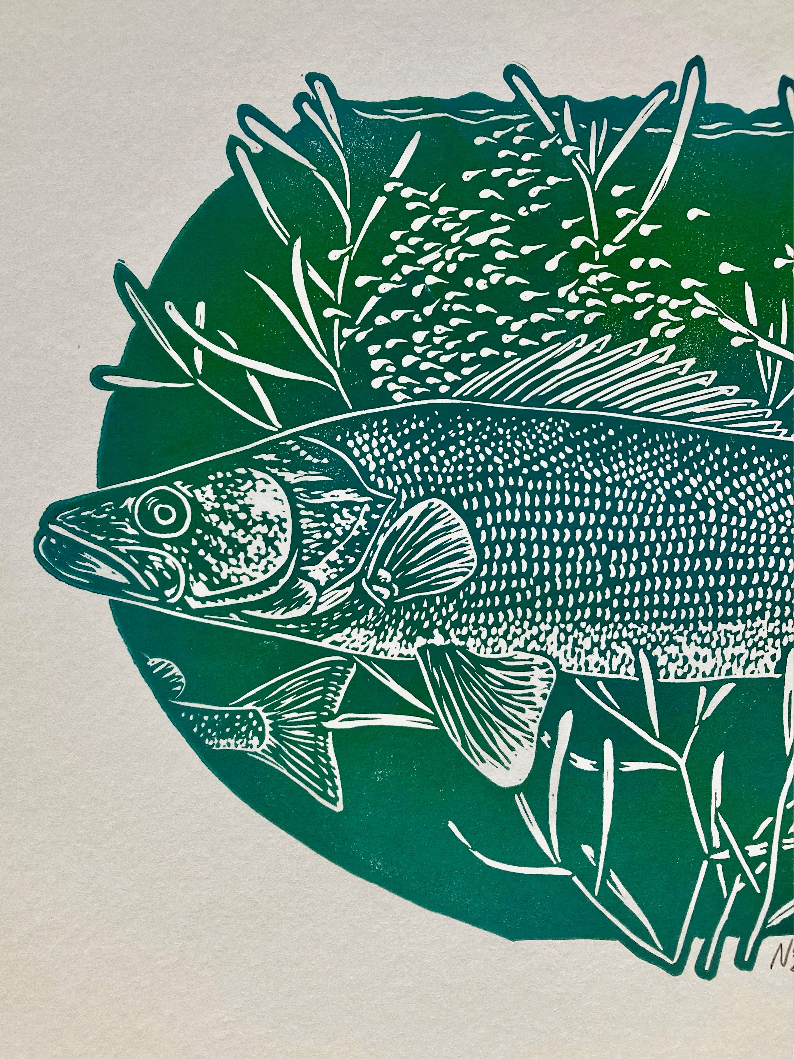 'Walleye' lino print
