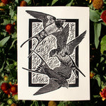 Load image into Gallery viewer, 3 swallow birds flying and diving artwork with a black frame behind
