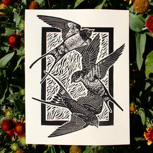 3 swallow birds flying and diving artwork with a black frame behind