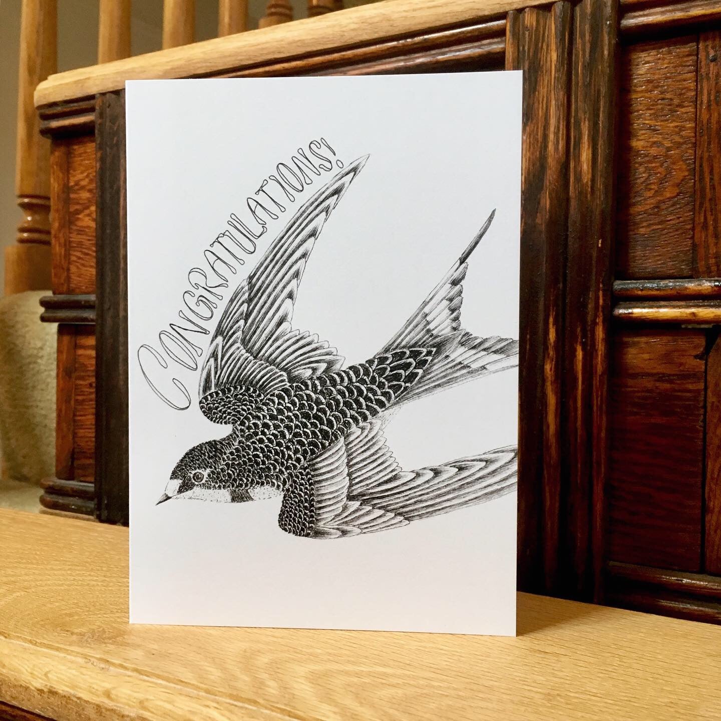 congratulations card with black and white swallow drawing