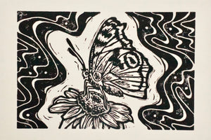 butterfly and flower with wavy crazy lines