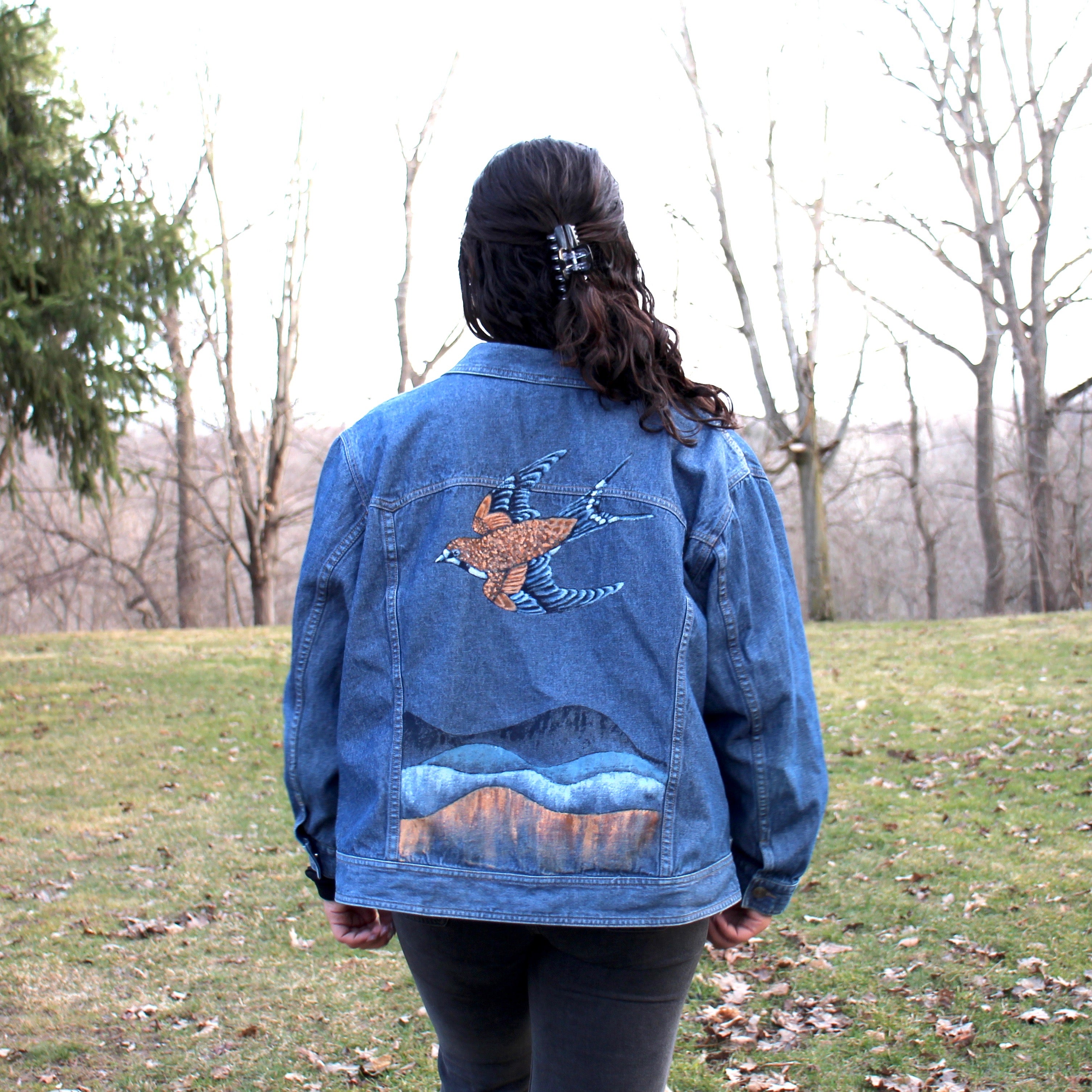 Painted Denim Jacket: Swallow in Flight